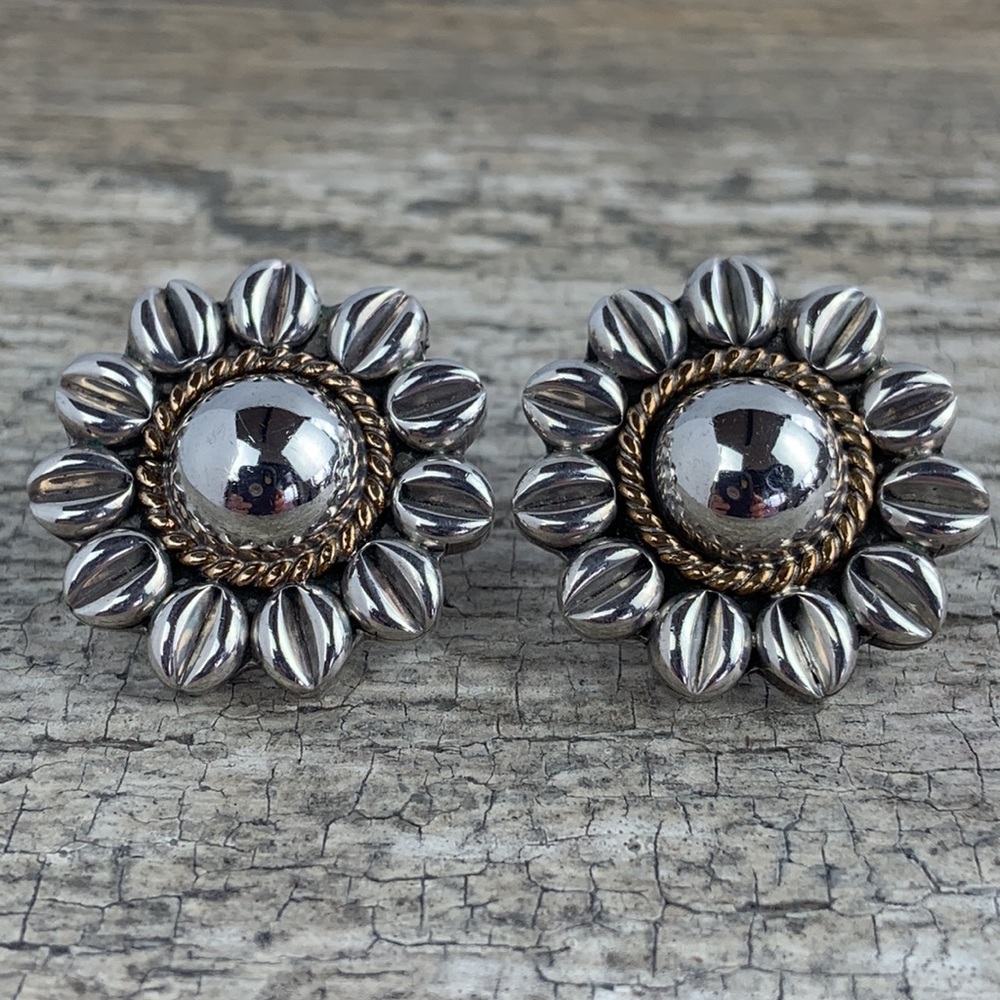 Vintage 1990’s Sterling Silver Sunflower Flower Earrings Handmade Mexico Laton